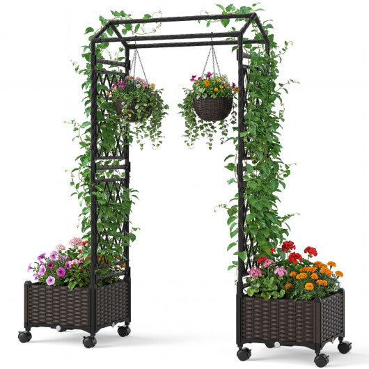 5.5 FT Self-Watering Planter Boxes with Lattice Trellis and Roof-Brown W2B