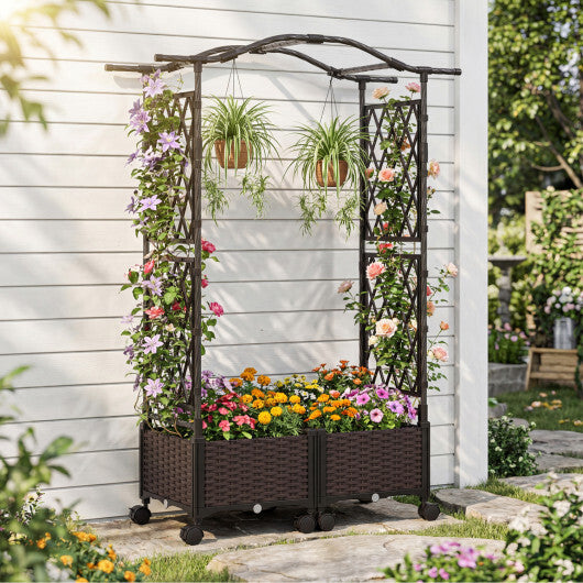 5 FT Self-Watering Planter Boxes with Lattice Trellis and Roof-Brown W2B