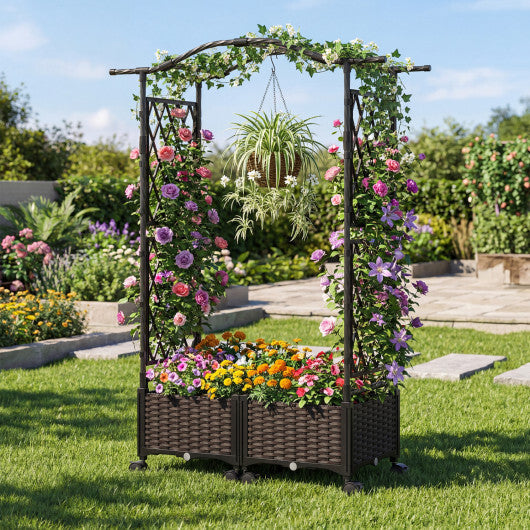 5 FT Self-Watering Planter Boxes with Lattice Trellis and Roof-Brown W2B