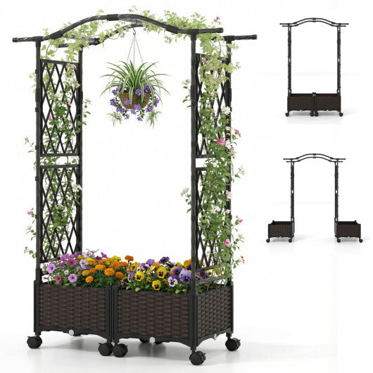 5 FT Self-Watering Planter Boxes with Lattice Trellis and Roof-Brown W2B