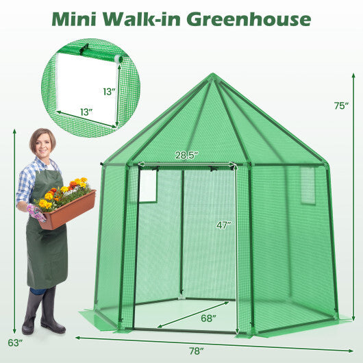 6.5 x 5.6 x 6.2 FT Mini Walk-in Greenhouse Portable Outdoor Warm House for Winter with PE Cover-Green