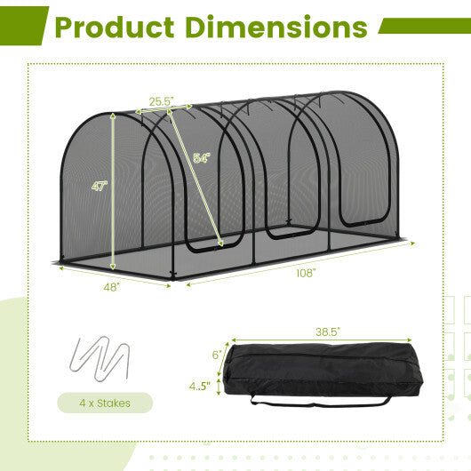 Tunnel Crop Cage Large Portable Plant Protection Tent with 3 Roll-up Zippered Doors