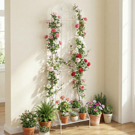 75 x 20 Inch Outdoor Metal Garden Trellis with Foldable Bottom Shelf-White W2B