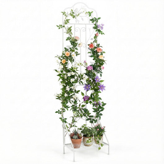 75 x 20 Inch Outdoor Metal Garden Trellis with Foldable Bottom Shelf-White W2B