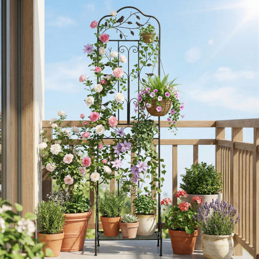 75 x 20 Inch Outdoor Metal Garden Trellis with Foldable Bottom Shelf-White W2B