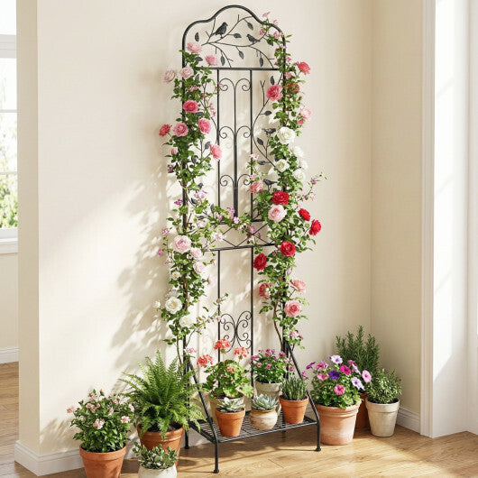 75 x 20 Inch Outdoor Metal Garden Trellis with Foldable Bottom Shelf-White W2B