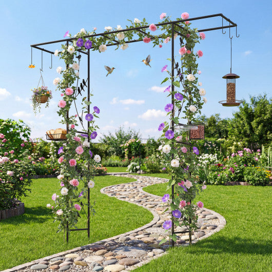84 Inch Garden Arbor Feeding Station with Water Bowl and Mesh Tray-Black W2B