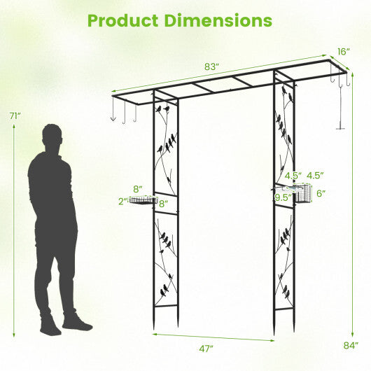 84 Inch Garden Arbor Feeding Station with Water Bowl and Mesh Tray-Black W2B