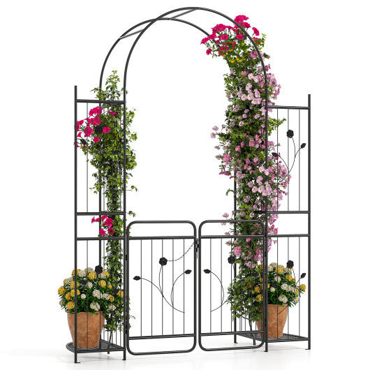 87 inch Tall Garden Arch with Gate Planter Shelves Climbing Trellises W2B