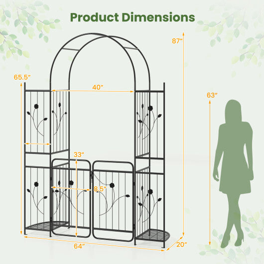 87 inch Tall Garden Arch with Gate Planter Shelves Climbing Trellises W2B