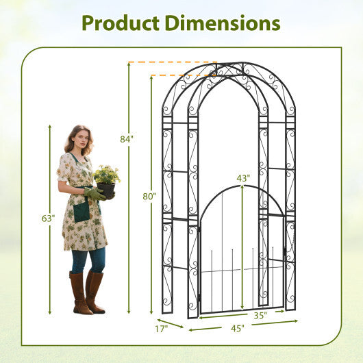 84 Inch Tall Garden Arch Metal Arbor Archway with Gate W2B
