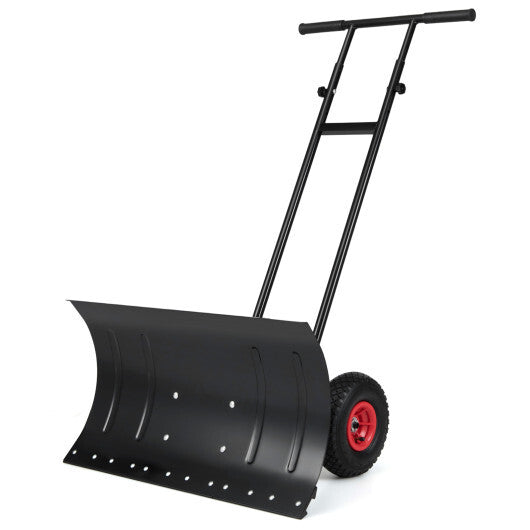 29 Inch Snow Pusher Heavy Duty Metal Shovel with Wheels and Adjustable Handle-Black W2B