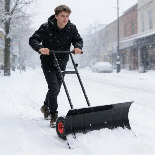 29 Inch Snow Pusher Heavy Duty Metal Shovel with Wheels and Adjustable Handle-Black W2B