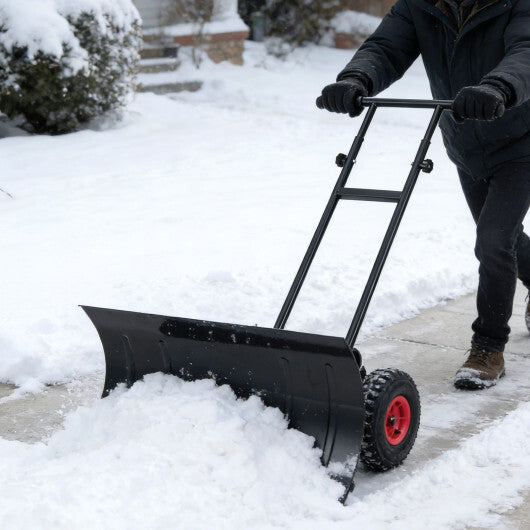 29 Inch Snow Pusher Heavy Duty Metal Shovel with Wheels and Adjustable Handle-Black W2B