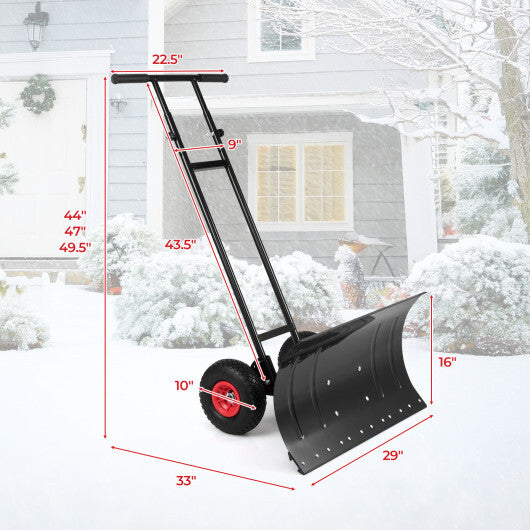 29 Inch Snow Pusher Heavy Duty Metal Shovel with Wheels and Adjustable Handle-Black W2B