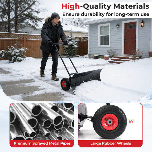 29 Inch Snow Pusher Heavy Duty Metal Shovel with Wheels and Adjustable Handle-Black W2B