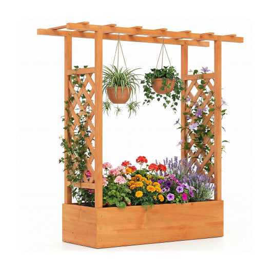 45 inch Tall Wooden Raised Garden Bed with Side Trellis and Hanging Roof-Orange W2B