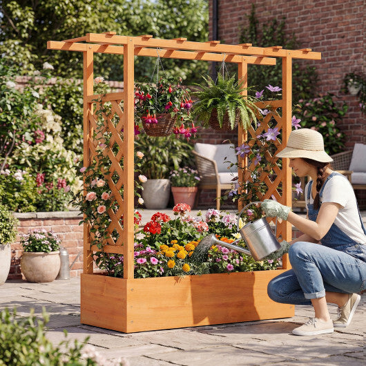 45 inch Tall Wooden Raised Garden Bed with Side Trellis and Hanging Roof-Orange W2B