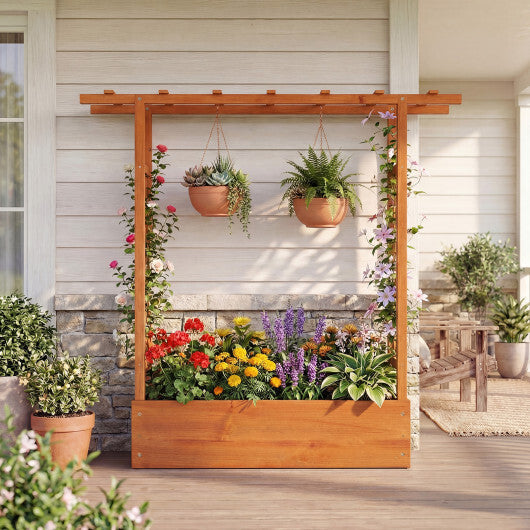 45 inch Tall Wooden Raised Garden Bed with Side Trellis and Hanging Roof-Orange W2B