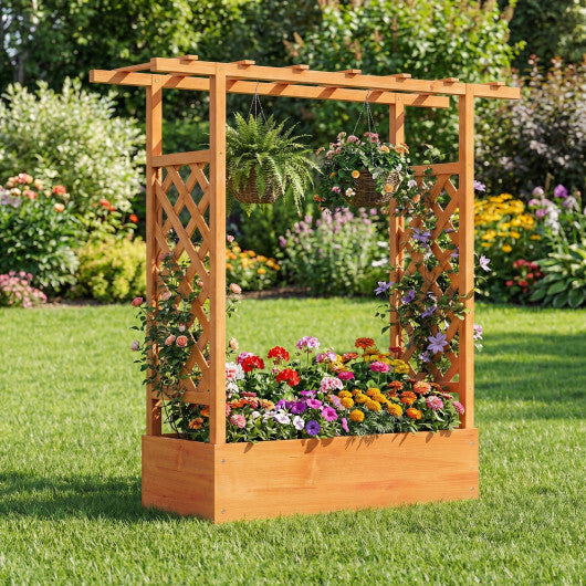 45 inch Tall Wooden Raised Garden Bed with Side Trellis and Hanging Roof-Orange W2B
