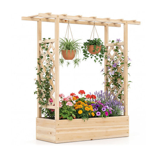 45 inch Tall Wooden Raised Garden Bed with Side Trellis and Hanging Roof-Orange W2B