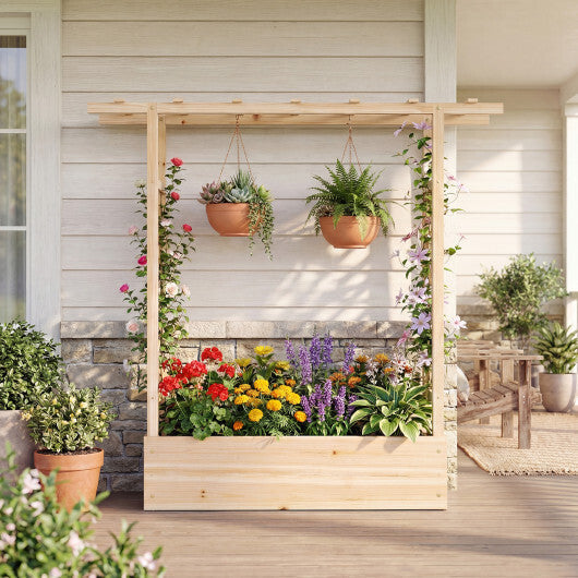 45 inch Tall Wooden Raised Garden Bed with Side Trellis and Hanging Roof-Orange W2B