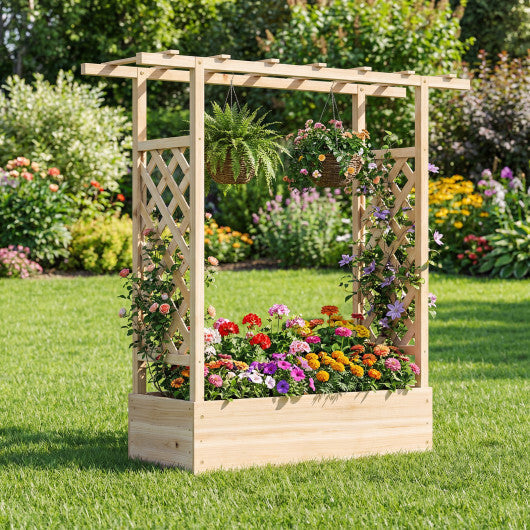 45 inch Tall Wooden Raised Garden Bed with Side Trellis and Hanging Roof-Orange W2B
