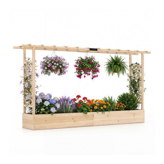 45 Inch Tall Wooden Raised Garden Bed with Side Trellis and Hanging Roof Drainage Holes-Natural W2B