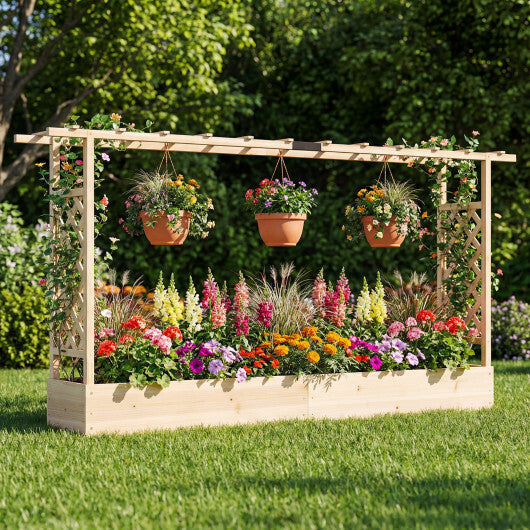 45 Inch Tall Wooden Raised Garden Bed with Side Trellis and Hanging Roof Drainage Holes-Natural W2B