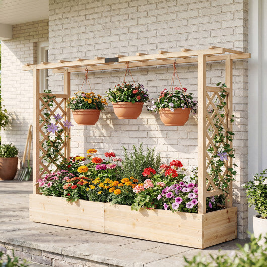 45 Inch Tall Wooden Raised Garden Bed with Side Trellis and Hanging Roof Drainage Holes-Natural W2B