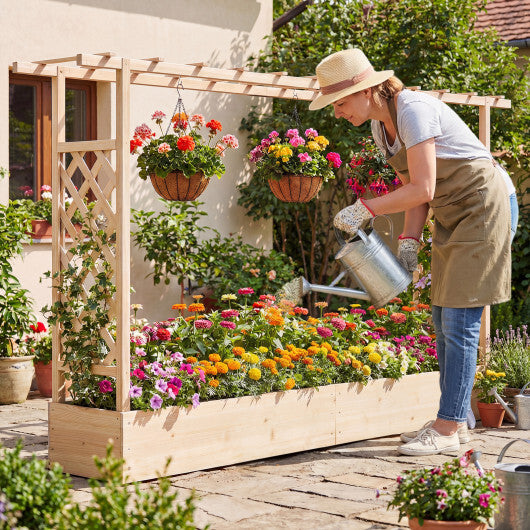 45 Inch Tall Wooden Raised Garden Bed with Side Trellis and Hanging Roof Drainage Holes-Natural W2B