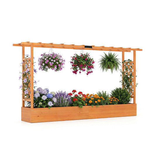 45 Inch Tall Wooden Raised Garden Bed with Side Trellis and Hanging Roof Drainage Holes-Natural W2B