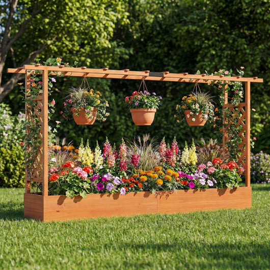 45 Inch Tall Wooden Raised Garden Bed with Side Trellis and Hanging Roof Drainage Holes-Natural W2B