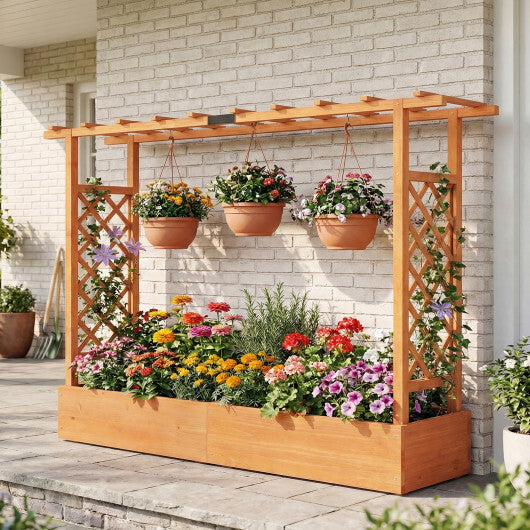 45 Inch Tall Wooden Raised Garden Bed with Side Trellis and Hanging Roof Drainage Holes-Natural W2B