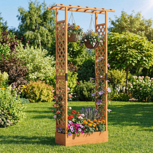89 Inch Tall Wooden Raised Garden Bed with Side Trellis and Hanging Roof Drainage Holes-Orange W2B