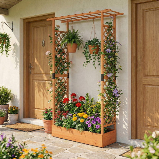 89 Inch Tall Wooden Raised Garden Bed with Side Trellis and Hanging Roof Drainage Holes-Orange W2B