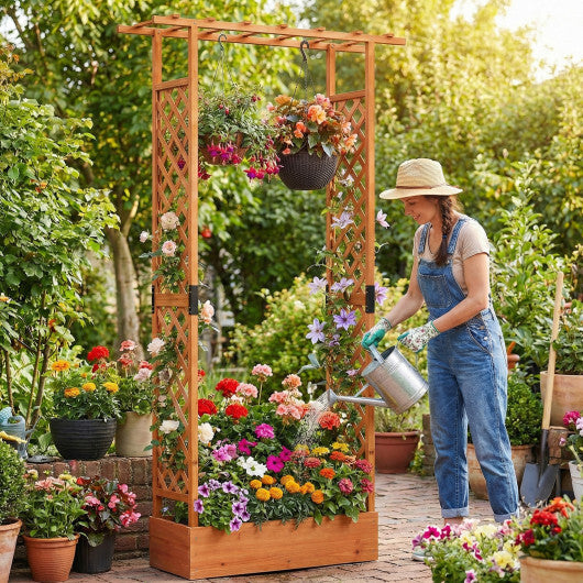 89 Inch Tall Wooden Raised Garden Bed with Side Trellis and Hanging Roof Drainage Holes-Orange W2B