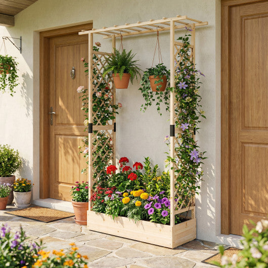 89 Inch Tall Wooden Raised Garden Bed with Side Trellis and Hanging Roof Drainage Holes-Orange W2B