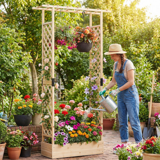 89 Inch Tall Wooden Raised Garden Bed with Side Trellis and Hanging Roof Drainage Holes-Orange W2B