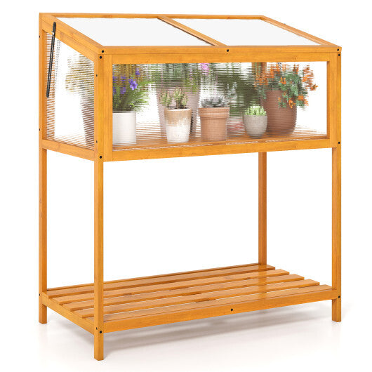 Wood Cold Frame Greenhouse with Transparent Openable Roof and Slatted Storage Shelf-Orange W2B
