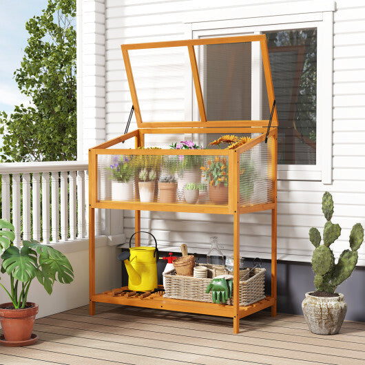 Wood Cold Frame Greenhouse with Transparent Openable Roof and Slatted Storage Shelf-Orange W2B