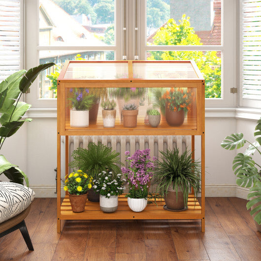 Wood Cold Frame Greenhouse with Transparent Openable Roof and Slatted Storage Shelf-Orange W2B