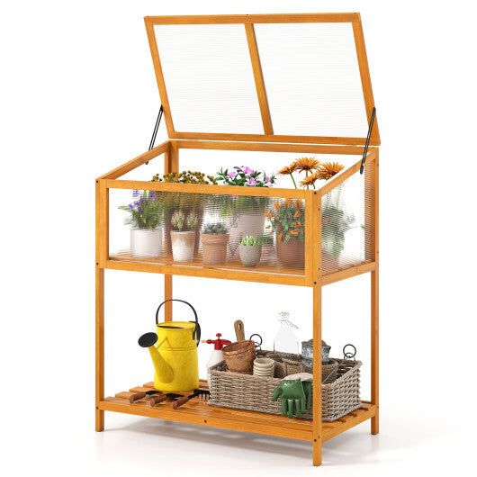 Wood Cold Frame Greenhouse with Transparent Openable Roof and Slatted Storage Shelf-Orange W2B