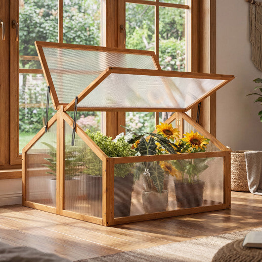 Wood Cold Frame Greenhouse Raised Flower Planter Protection with Transparent Openable Roof-Orange W2B