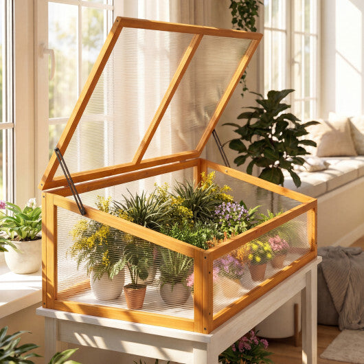 Wood Cold Frame Greenhouse Raised Planter Bed Protection with Transparent Flip-top Roof-Orange W2B
