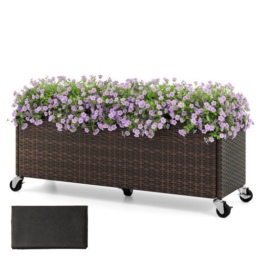 Raised Garden Bed PE Rattan Wicker Patio Planter Box with Wheels and Liner