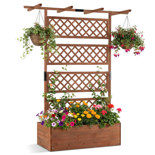 Wooden Planter Box with Lattice Trellis Raised Garden Bed Privacy Screen with Flat Roof-Brown W2B