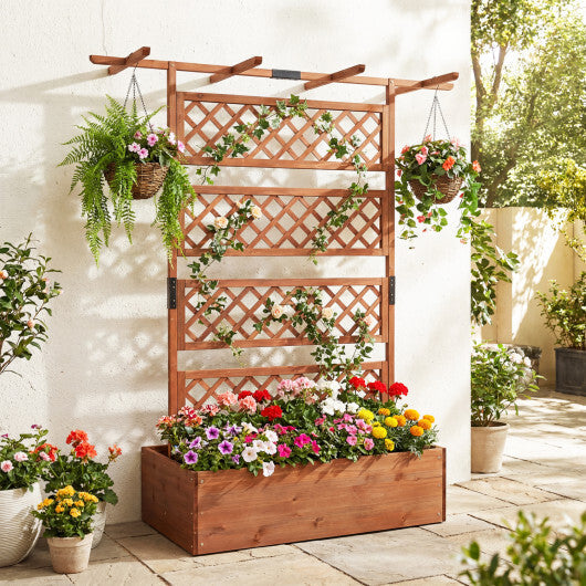Wooden Planter Box with Lattice Trellis Raised Garden Bed Privacy Screen with Flat Roof-Brown W2B