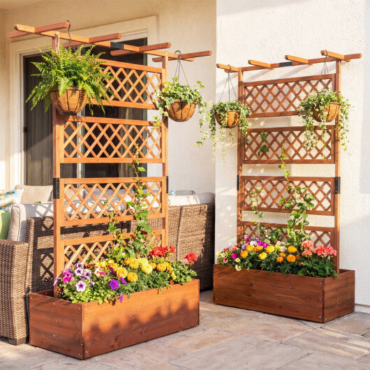 Wooden Planter Box with Lattice Trellis Raised Garden Bed Privacy Screen with Flat Roof-Brown W2B