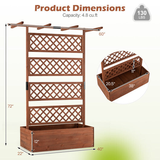 Wooden Planter Box with Lattice Trellis Raised Garden Bed Privacy Screen with Flat Roof-Brown W2B